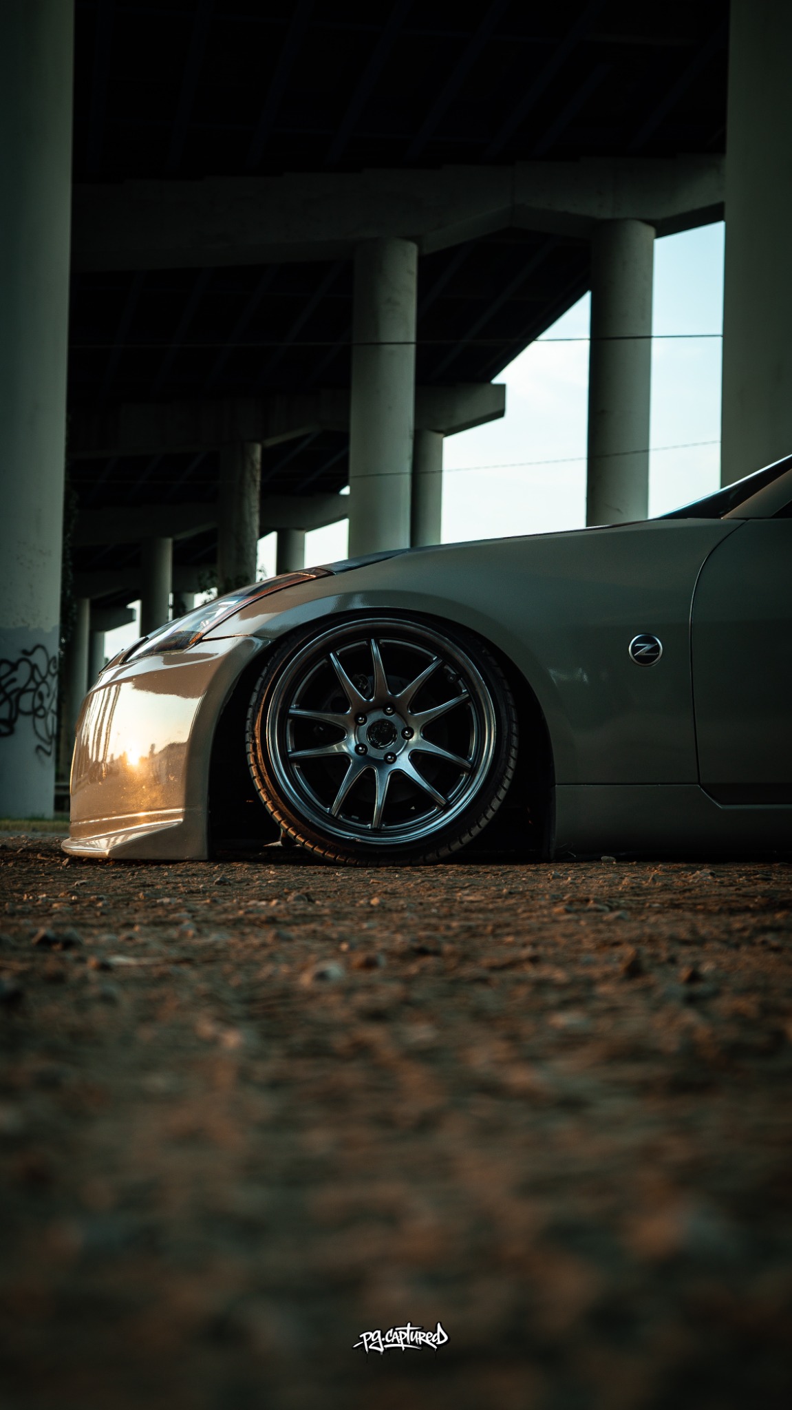 Close-up of the Nissan 350Z's front wheel and fitment